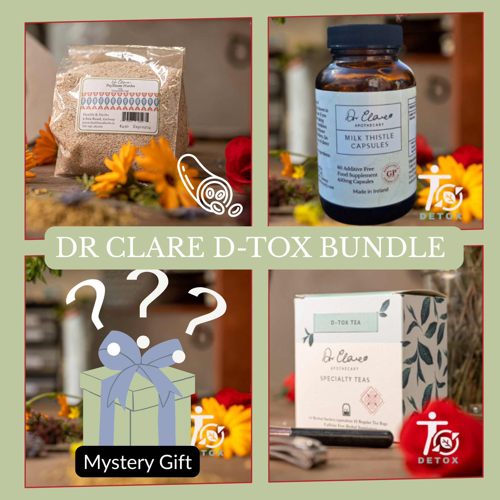 Dr Clare Detox Bundle with Milk Thistle capsules, DTOX herbal tea, Psyllium husks, and free gift
